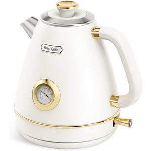 Hazel Quinn Retro Electric Kettle - 1.7 Liters / 57.5 Ounces Tea Kettle with Thermometer, All Stainless Steel, 1200 Watts Fast Boiling, BPA-free, Cordless, Automatic Shut Off - Pearl White