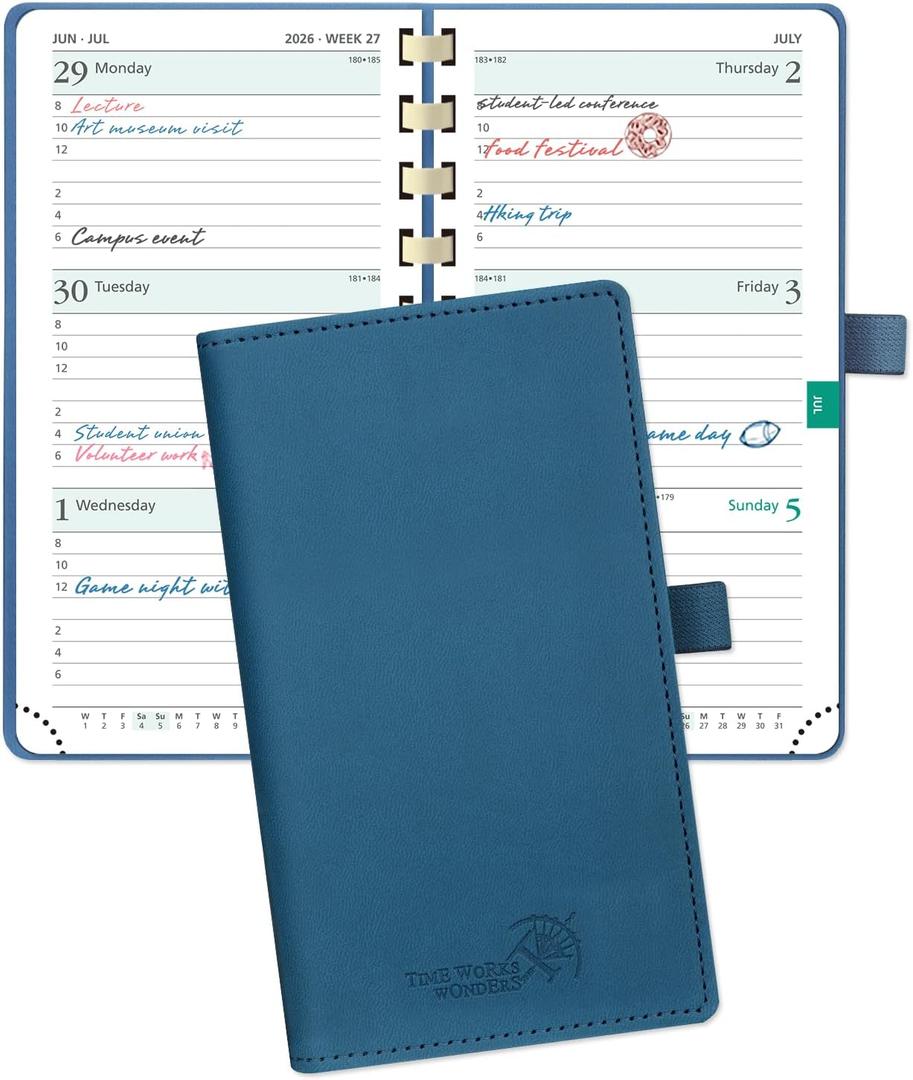 POPRUN 2026 Pocket Planner (Slim Size 3.5'' x 6.5'') Weekly and Monthly Calendar for Purse, with Hourly Time Slots, 100GSM Thick Paper, Spiral Soft Cover, Pen Holder, TJ - Night Sky Blue