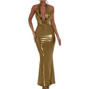 Memoriesea Women's Luxury Metallic Halter Neck Bodycon Party Evening Gown Maxi Dress (Gold), Size Small