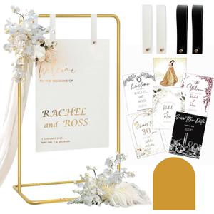 Wedding Sign Holder, Adjustable Welcome to Our Wedding Sign Stand W/Design Bundle & Leather Sign Hanging Straps, Heavy Duty Easel Stand for Sign, Wedding Seating Chart Stand, Easel for Display (Gold)