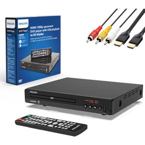 Philips DVD Players for TV with HDMI Port 1080P All Region HD DVD Player for Smart TV USB Input Remote Control Device, Mini DVD CD Player for Home Stereo System, HDMI and RCA Cable Included (Black)