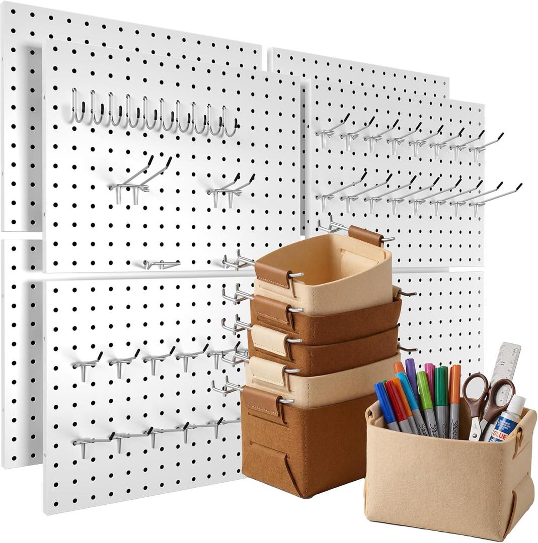 Spampur Peg Board, 8 Pack Metal PegBoard Organizer with Accessories, White Pegboard Panels with 50 Pcs Hooks and Baskets, Wall Organizer for Office, Craft Room Organization, Garage, Sewing Room