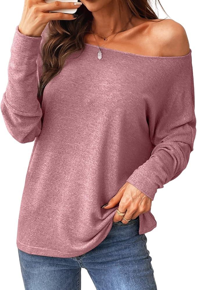 CUPSHE Women Long Sleeve Off The Shoulder Knitted Tops Casual Loose Fit Solid Blouses L