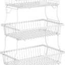 3 Tier Fruit Basket for Kitchen Counter with 2 Banana Hangers, Countertop Metal Fruit Bowl with Wooden Handle, Large Storage Stand for Vegetables, Snacks, Breads, Produce Storage – White