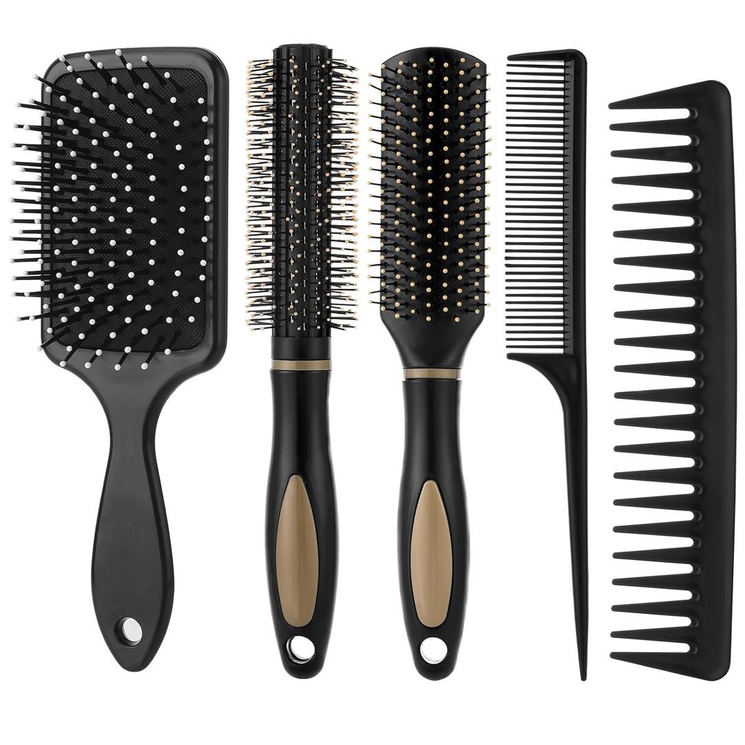 5Pcs Hair Brushes for Women Hair Comb Set Detangler Brush for Men and Women Wet, Dry, Curly and Straight Hair (Black)