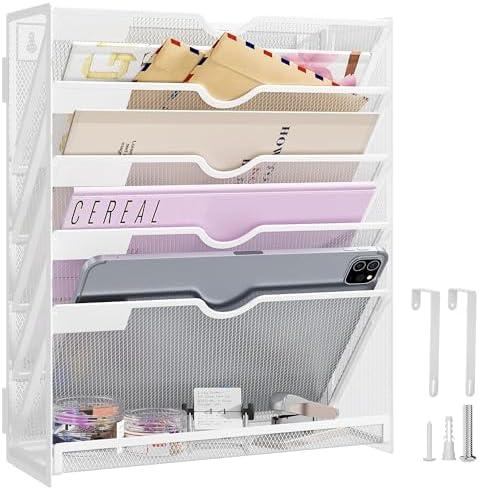 Kinkota Hanging Wall File Organizer Mesh 6 Tier Wall Mounted Mail Paper Folder Holder Document Organization Stand Desk File Organizer Tray for Office & Home Cubicle Countertop-White Kinkota Hanging Wall File Organizer Mesh 6 Tier Wall Mounted Mail Paper Folder Holder Document Organization Stand Desk File Organizer Tray for Office & Home Cubicle Countertop-White