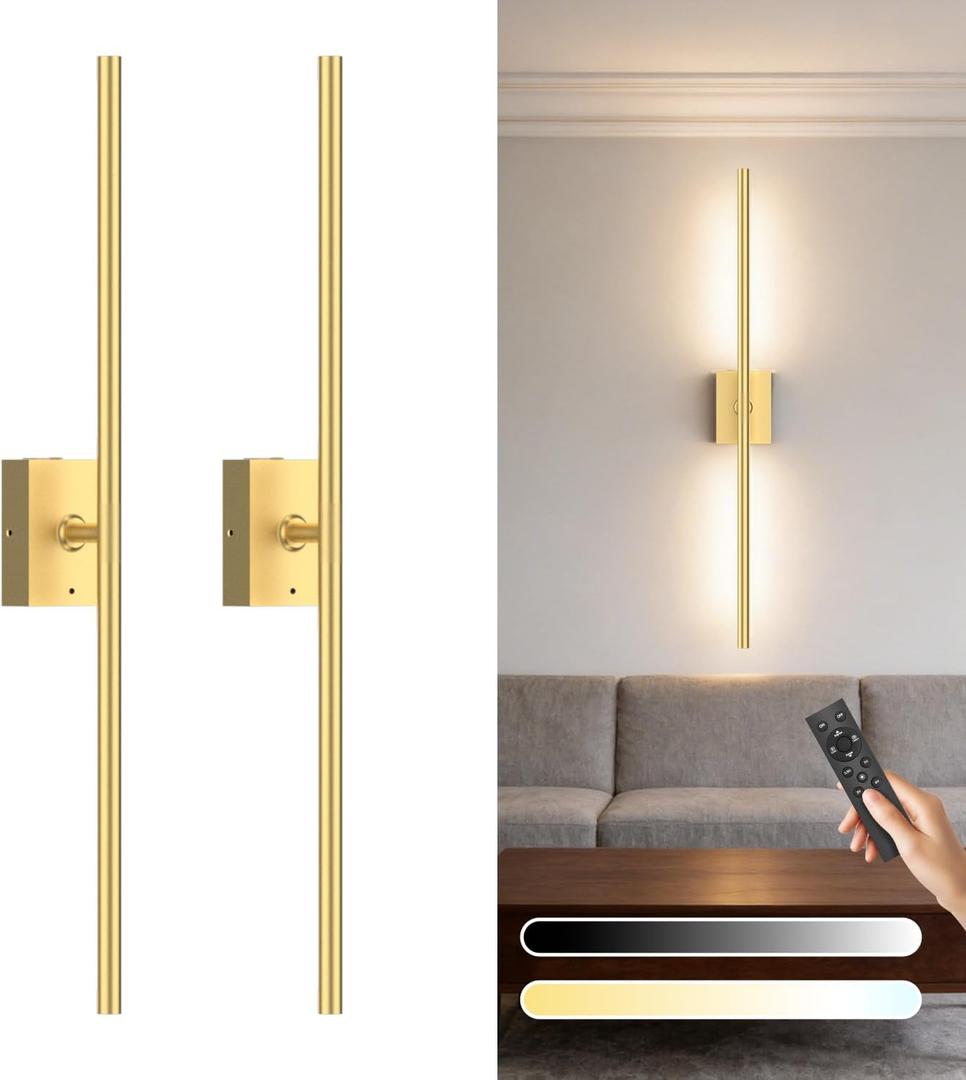 Battery Operated Wall Sconce Set of Two - 10000mAh Cordless Rechargeable Wall Sconces with Remote & Touch Control, 360°Rotate, 4CCT Dimmable Gold Wall Lights for Bedroom Living Room, 31.5 inch