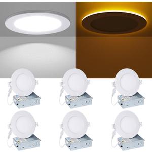 4 Inch Recessed Ceiling Light - with Night Light, 2700K/3000K/4000K/5000K/6000K Selectable, 9W+3W Ultra-Thin LED Recessed Lighting with Junction Box, Dimmable Canless Wafer Downlight, 4inch 6P White