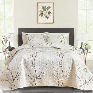 Quilt Set Queen Size Cream White with Black Branch Bedding Set 88x88 Soft Microfiber Lightweight Coverlet Bedspread Summer 3 Pc Bed Cover for (1 Quilt+ 2 Shams)