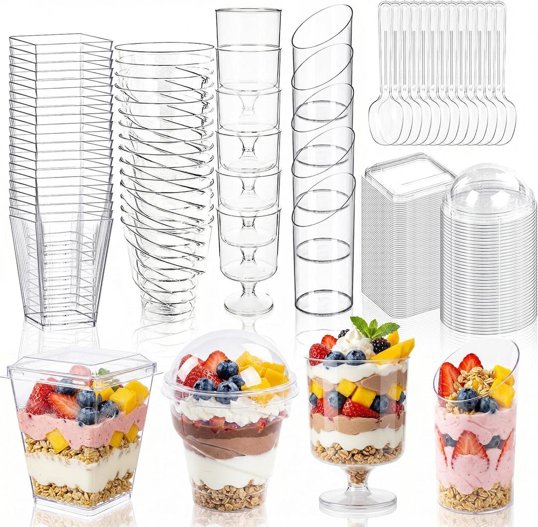 WELLIFE 380 Pack Disposable Dessert Cups with Lids and Spoons 5 oz Mini Plastic Parfait Cups Assortment for DIY Mousse, Pudding, Tiramisu, Home Baking, Birthday Parties & Baby Showers
