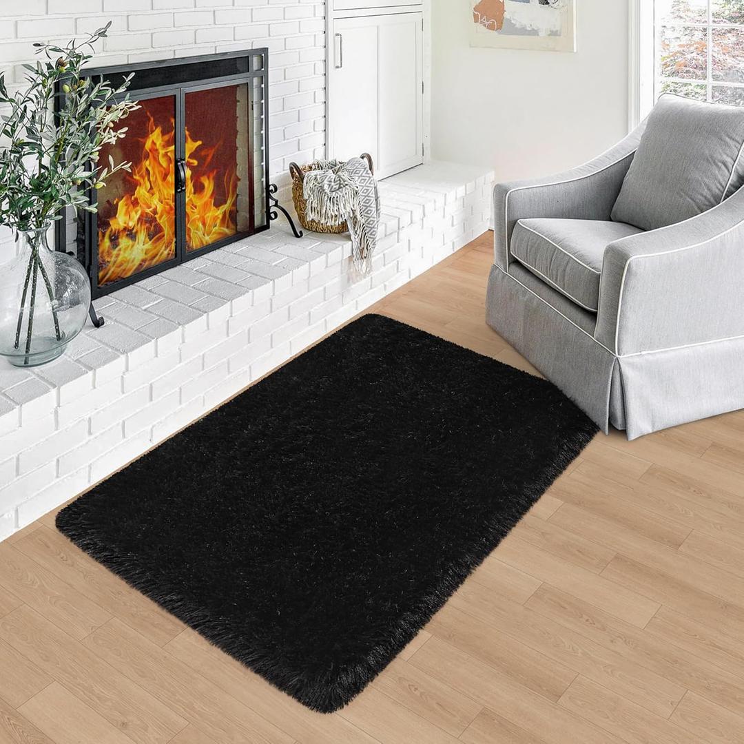 2x3 ft Small Entryway Throw Rugs for Bedroom, 2x3 Mini Area Rug Black, Non Slip Fluffy Carpet, Fuzzy Soft Living Room Rugs Girl,Kids Baby Boys Teen Dorm Modern Aesthetic Home Dcor