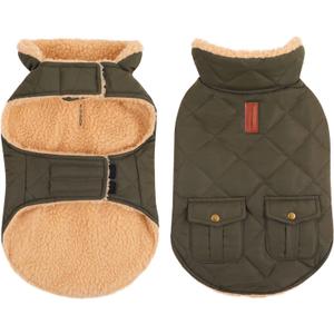 Queenmore Warm Puffer Dog Coat, Quilting Winter Jacket Ultra Thick Plush Lining with Storage Pockets (Green, X-Small)