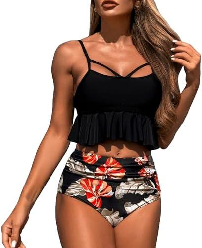 MIYOUJ High Waisted Bikini Set for Women Tummy Control Swimwear Ruffle Crop Two Piece Swimsuits Bathing Suits S (Black)