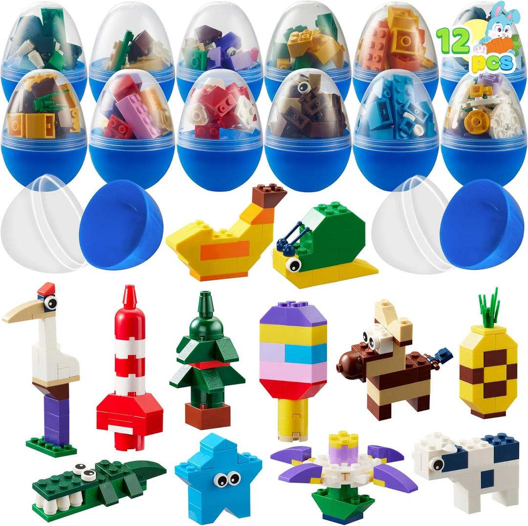 JOYIN 12 Pcs Pre-Filled Easter Eggs with Cute Characters Building Blocks for Kids' Gift, Hunt, Basket Stuffers/Fillers, Party Favor, Classroom Prize Supplies