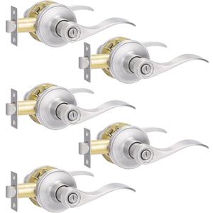 5 Pack Privacy Door Handle, Brushed Nickel Keyless Lever With Lock for Interior Door, Closet, Bathroom, Bedroom, Wave Style, Satin Nickel