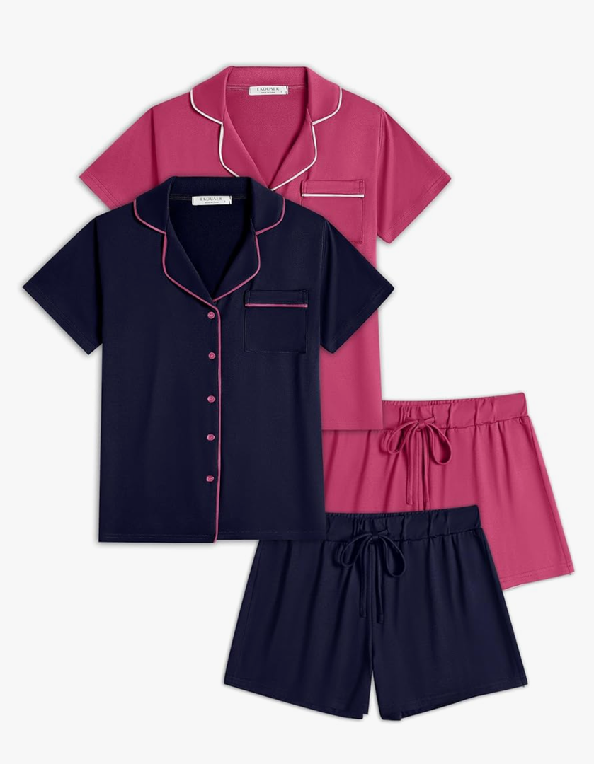 Ekouaer 2 Pack Womens Pajamas Set Button Down Summer Sleepwear Short Sleeve Comfy Pjs Loungewear Set, Size M