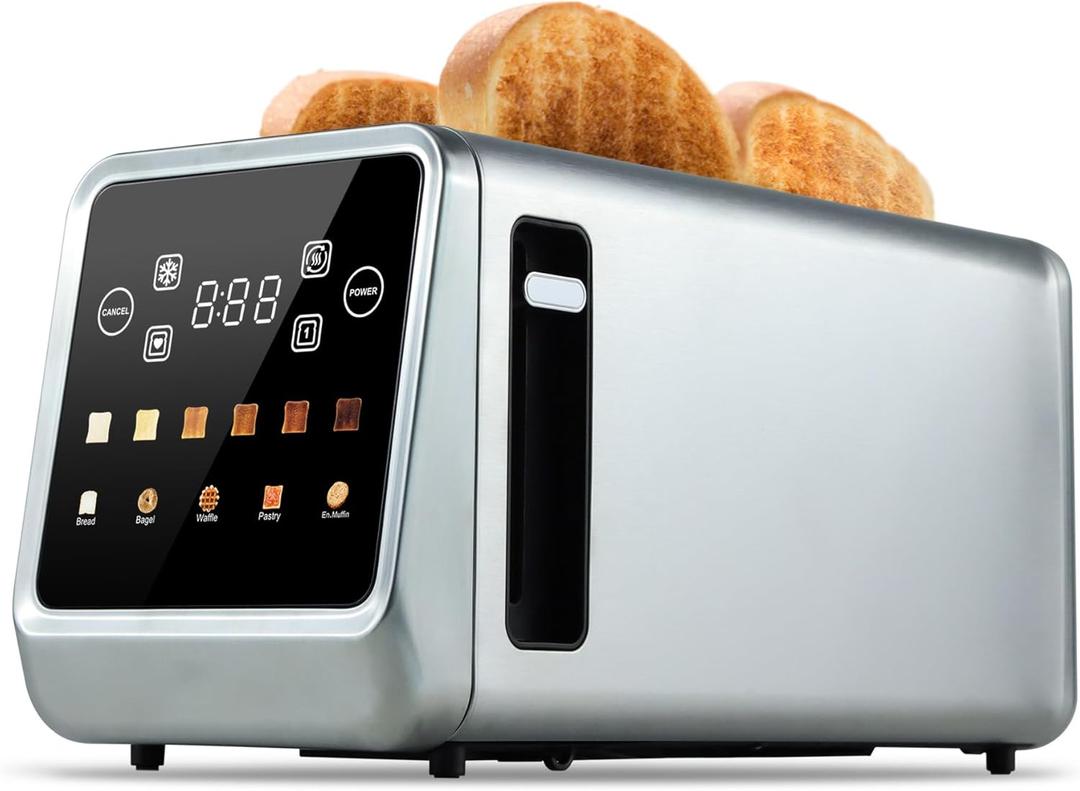Long Slot Toaster 4 Slice, Touch Screen LED Display, 1.5 Extra Wide Slots for Thick Bread & Bagels, Countdown Timer, Memory Function, Dual Independent Control, 6 Shade Settings, Stainless Steel (4 piece smart model)