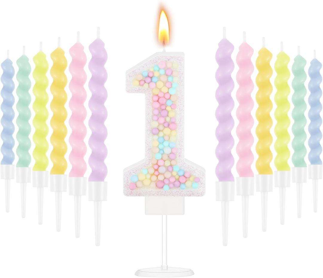 MTLEE Number 1 Birthday Candle with 12 Pcs Spiral Candles for Girls Macaron Pastel Rainbow Unicorn Pink Cake Topper for Sweet Theme Party Decoration (White)
