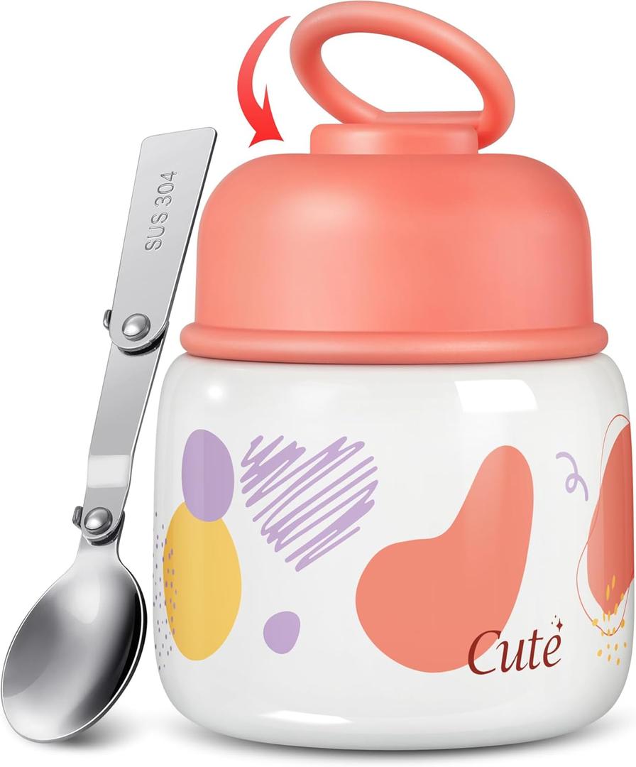 KTKUDY 17 oz Thermo for Hot Food - Stainless Steel Insulated Food Jar with Folding Spoon - Wide Mouth Soup Thermos for Kids & Adults - Thermal Lunch Container - Keeps Hot 12H / Cold 20H (Lovely Pink)