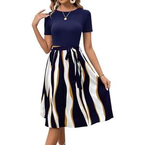 Women's Elegant Vintage Round Neck Short Sleeve Summer Casual Work Party A-Line Dress with Belt 809, Size XXL