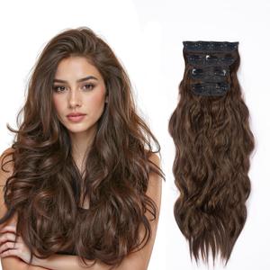 Ideal Swan 20In Clip in Long Wavy Synthetic Hair Extension, 4 PCS Long Wavy Curly Hair Extension, Clip in Hair Extensions for Women Daily Use (Brown)