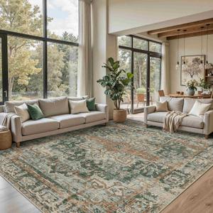 8x10 Area Rugs for Living Room Bedroom, Large Washable Rug, Green Vintage Retro Boho Rug, Non Slip & Low Pile Faux Wool Thin Carpet for Indoor Dining Room and Kids Room(Green/Brown 8x10ft)