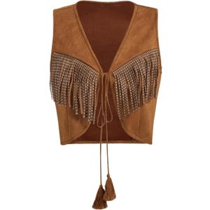 OYOANGLE Women's Studded Fringe Trim Tie Front Vest Top Boho Outfits 70s Hippie Western Cowgirl Sleeveless Jacket Outerwear (Brown, M)