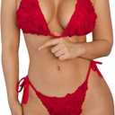 SweatyRocks Women's 3D Floral Halter String Bikini Set Cut Out Backless 2 Piece Swimsuit (Red) S