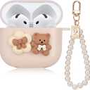 Cute Case for AirPod 4 Lovely Bow Flower Bear Design with Pearl Chain, Soft Protective Cover for AirPods 4th Generation 2024 Released