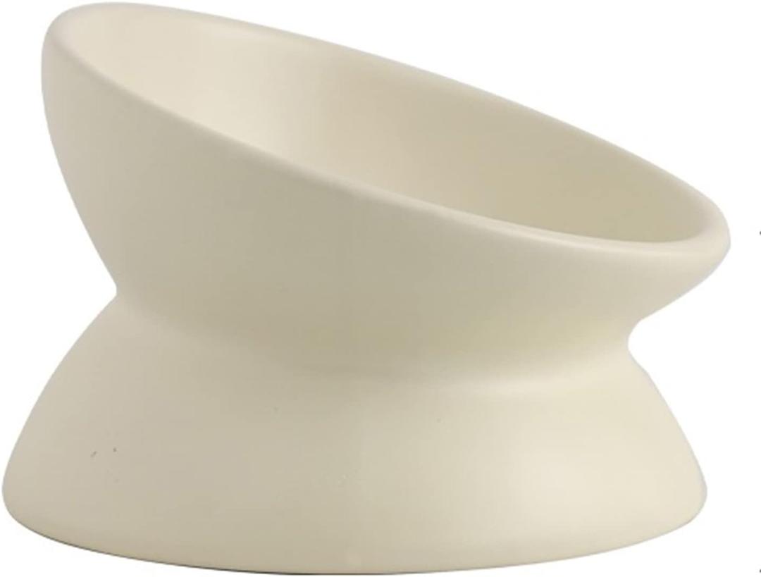 Ceramic Raised Cat Bowl, Cat Food Bowls Elevated Tilted, Ceramic Pet Bowl Whisker Friendly, Anti Vomit & Reduce Neck Burden for Food and Water (Cream-White)