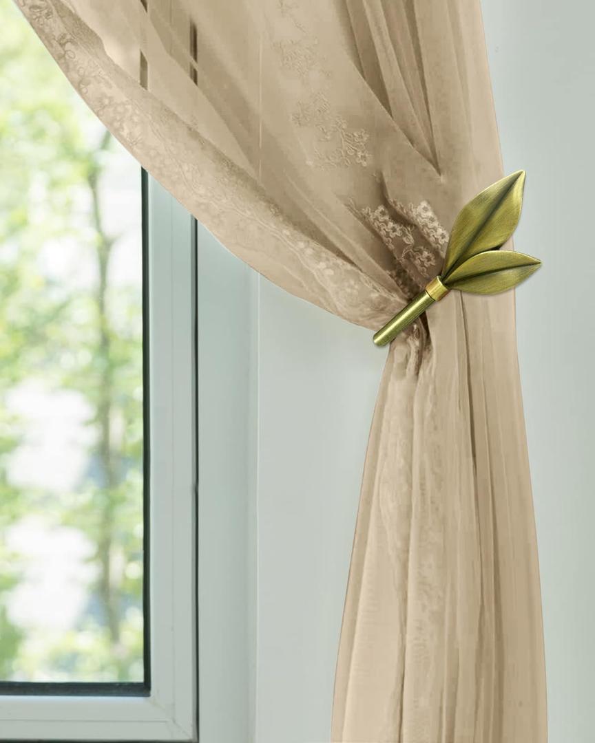 Antique Brass Curtain Holdbacks 2 Pack, Metal Olive Leaf Tiebacks Wall Mounted - Decorative Holders for Drapes & Curtains, Heavy Duty Pull Back Hooks (Antique Brass)