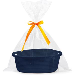 Pro Goleem Small Woven Basket with Gift Bags and Ribbons Durable Baskets for Gifts Empty Small Rope Basket for Storage 12"X 8" X 5" Baby Toy Baskets with Handles, Navy Blue