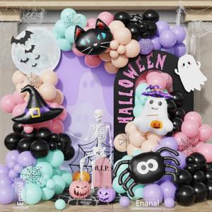 166pcs Halloween Balloon Arch Kit - Pastel Rainbow & Black Latex Balloons with Witch Hat/Ghost/Spider/Black Cat Foil Balloons for Little Boo Birthday, Halloween Baby Shower Party Decorations