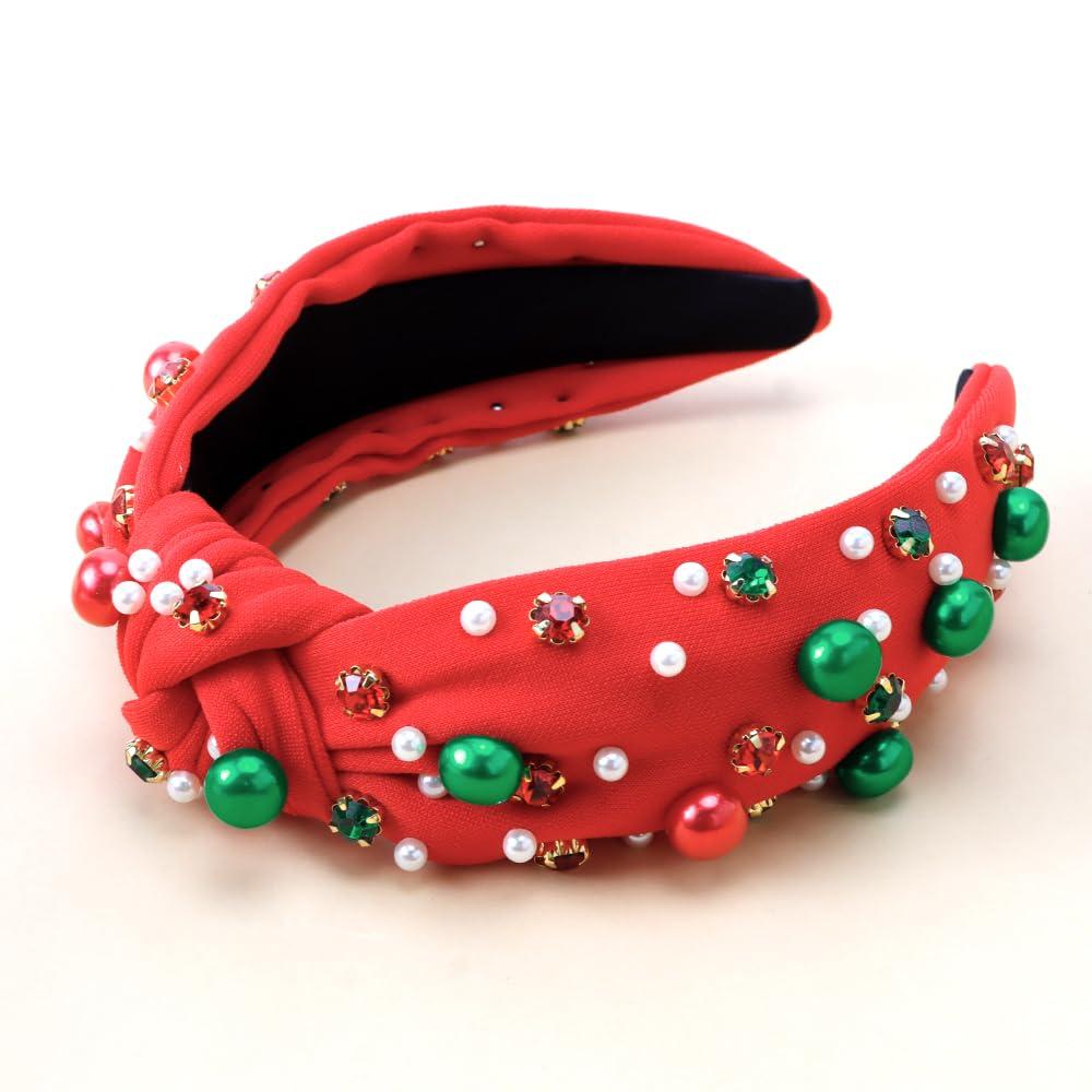 AHONEY Red Pearl Headband Christmas Knotted Headband for Women Girls, Rhinestone Top Knot Crystal Jeweled Fashion Headpiece Wide Head Band for Women's Hair Accrssories