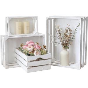 Set of 4 Large Wooden Decorative Storage Crates, Whitewashed Nesting Wooden Crates for Display, Rustic, Farmhouse Wood Storage Container Boxes Made from 100% Wood