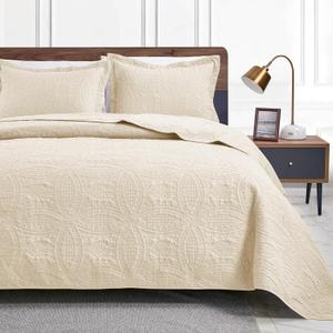 Love's cabin Quilts for Queen Bed Beige Bedspreads Bedding Set - Summer Quilt Lightweight Microfiber Bedspread - Coin Pattern Bedding Coverlet for All Season - 3 Piece (1 Quilt, 2 Pillow Shams) (Full/Queen (90"x96"))