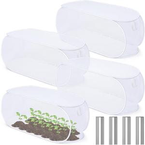Threehoney 4 Pcs 39" x 18" x 16" Pop up Garden Mesh Plant Cover Outdoor Plant Protector Garden Row Raised Bed Cover with Ground Nails Crop Cage Net for Seedlings Vegetable Fruit Herbs (White)