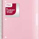 Mead Spiral Notebook, 1 Subject, Wide Ruled Paper, Plastic Cover, 8" x 10-1/2", 100 Sheets, Pastel Pink (930092B)