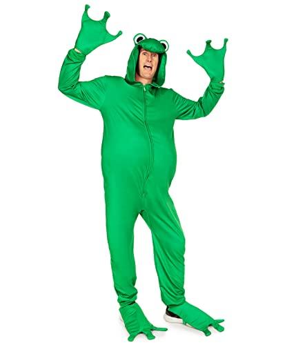 Tipsy Elves Frog Halloween Costume For Men - Funny Swamp Water Animal Hooded Onesie Jumpsuit Aquatic Animal Men's Green Frog Costume Size X-Large