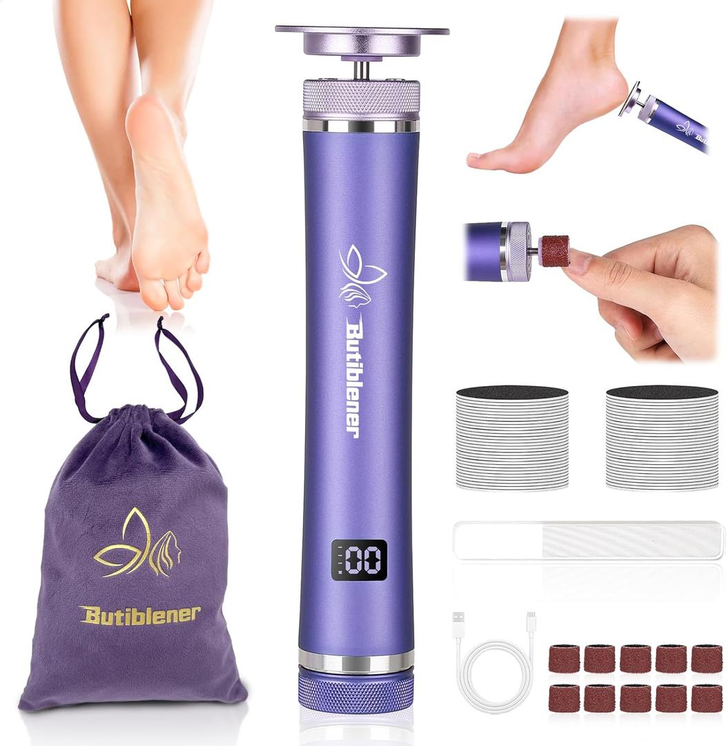 Electric Callus Remover for Feet, Cordless Foot File Pedicure Tool, Foot Sander Nail Grinder with 60+10PCS Sandpapers for Dead Skin Dry Calluses, 3 in 1 Foot Scrubber & Nail File (Purple)