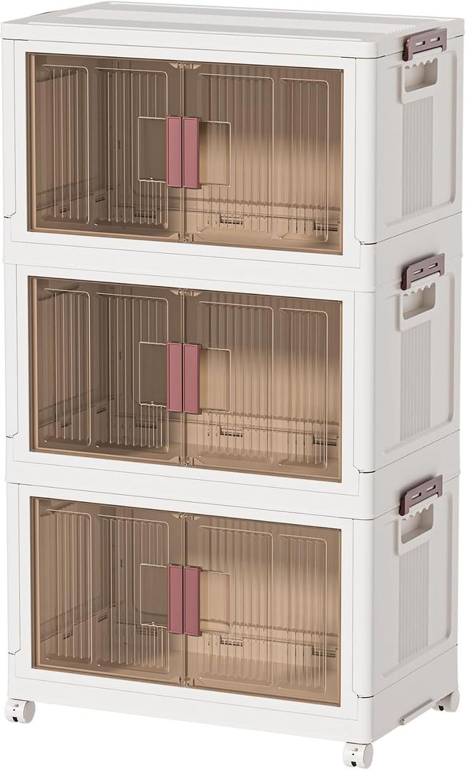 45GAL/180QT 3 tier large stackable storage bins with lid and wheels, collapsible storage bins plastic with doorssuit for clothes, closet, home and office
