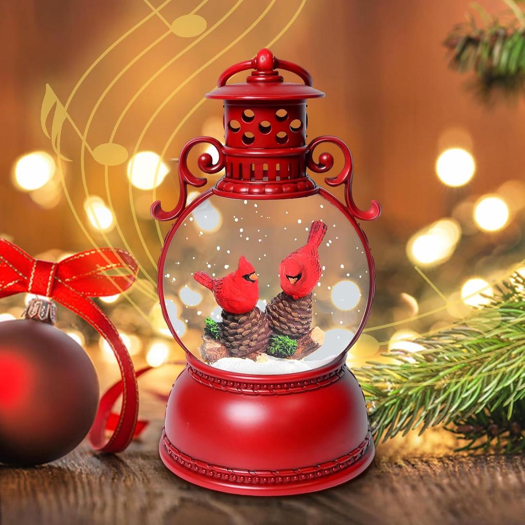 Christmas Snow Globes, Cardinal Christmas Snow Lantern with 8 Songs, 6H Timer Battery & USB Powered Glitter Music Box for Christmas Table Decorations Home Decor (Red11)