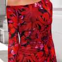 ZESICA Women's Long Sleeve Floral Maxi Dress 2026 Fall Off Shoulder Bodycon Ruched Mesh Cocktail Wedding Guest Dresses (Red, L)