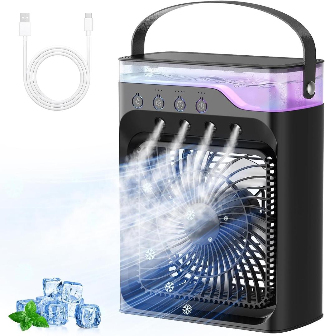 Portable air Conditioners, Personal Cooling Fan with 120 Oscillation, 3 Wind Speed & 4 Sprays, 2/4/6/8H Timer, Multi-Color Light, 3 in 1 Desktop Mini AC Unit for Car, Bedroom and Camping(Black)