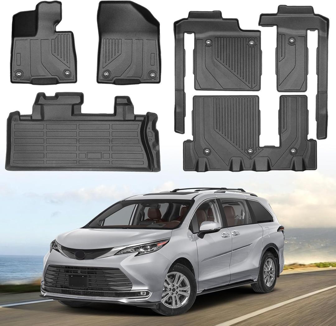 Floor Mats & Cargo Liner for 2021-2025 Toyota Sienna (Only for 8 Seats) | All Weather TPE Floor Liners Custom Fit Sienna LE XLE Heavy Duty Car Mats 1st & 2nd & 3rd & Trunk Mat Accessories Black