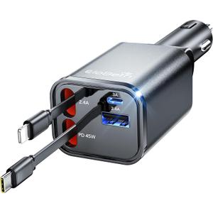 Retractable Car Charger Adapter for iPhone 17,4 in 1 Fast Charging Car Phone Charger,69W USB C Car Truck Accessories,Road Trip Essentials Gift for Men Women for iPhone 17/16/15/14/13/12,Galaxy S25