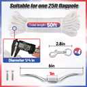 Flag Rope and Clips Kit - 50ft Flag Pole Rope Halyard with Cleat Hook & 4 Pcs Swivel Snap Clips for Flagpoles Up to 25ft, Outdoor Porch Flagpoles Repair Replacement Parts Accessories (White)