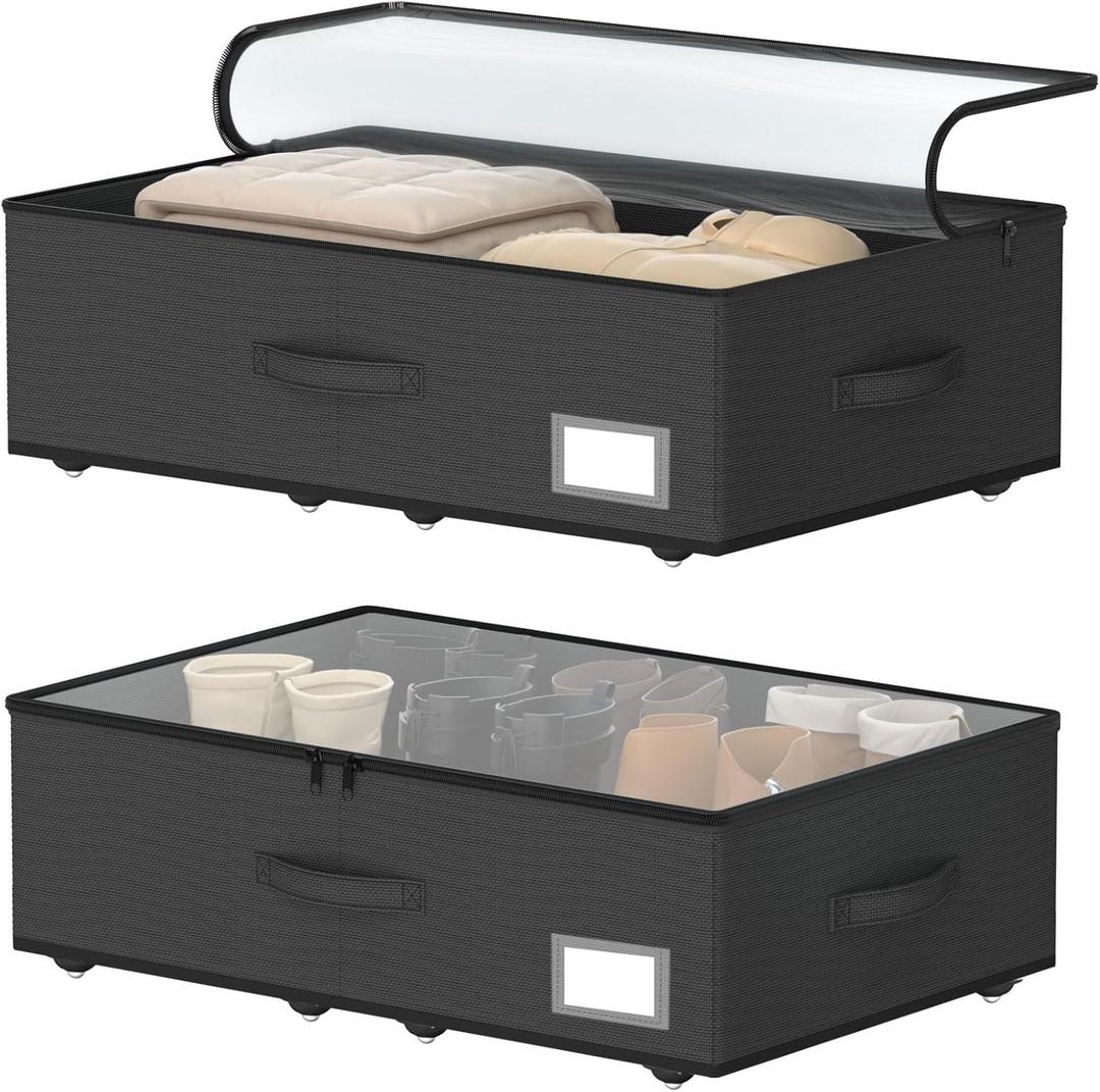 Underbed Storage Bins with Wheels, No Assembly Required - 7.5 inch height Black Large Capacity Rolling Underbed Containers for Shoes, Dorm under bed storage drawers