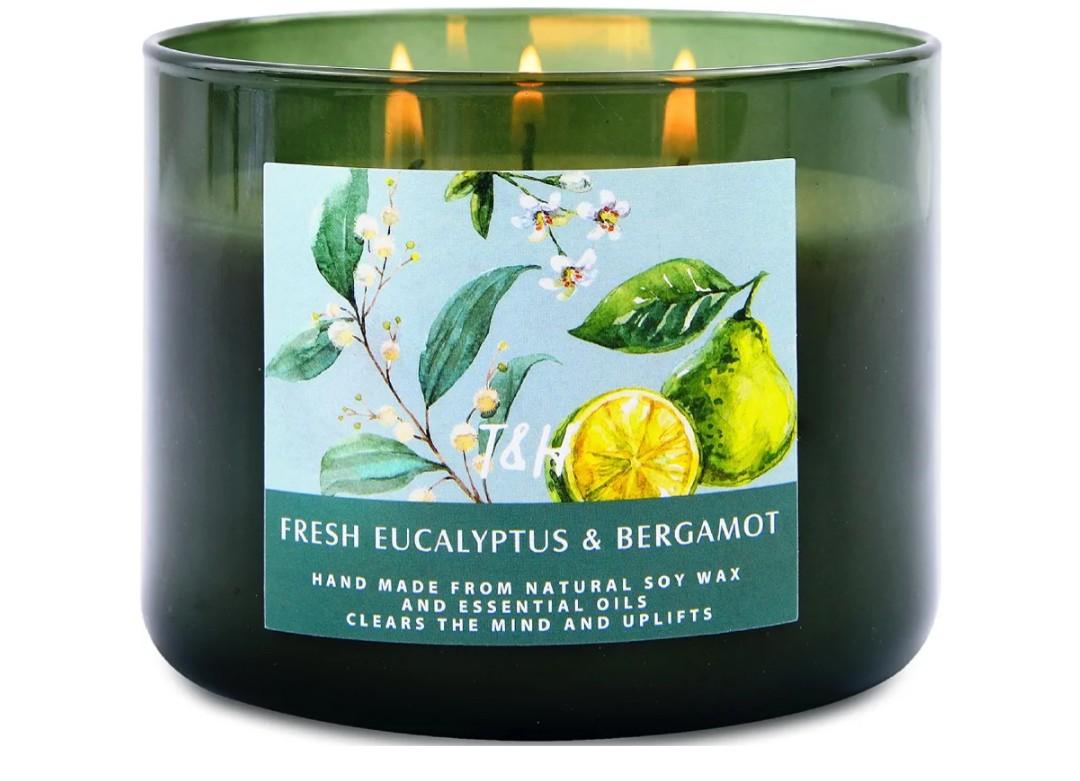 Eucalyptus Bergamot 3 Wick Candle for Home Scented | 15.8 oz Large Soy Candle | Spa Aromatherapy Candles for Home Stress Relief Relaxation | Clean Burn | Gift for Women & Men Housewarming