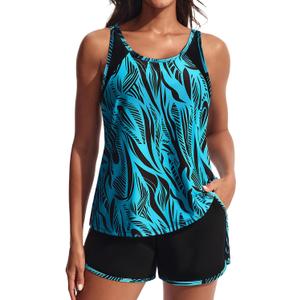 Hanna Nikole Women's Tankini Swimsuits Two Piece Tummy Control Bathing Suit with Athletic Pockets Swim Shorts Swimwear (Blue, S)